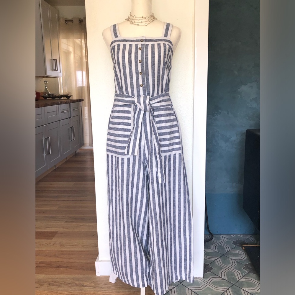 Striped Blue & White Linen Jumpsuit with Tie Waist